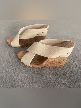 Ivory Canvas Cork Wedge Platform Sandals Size 10
